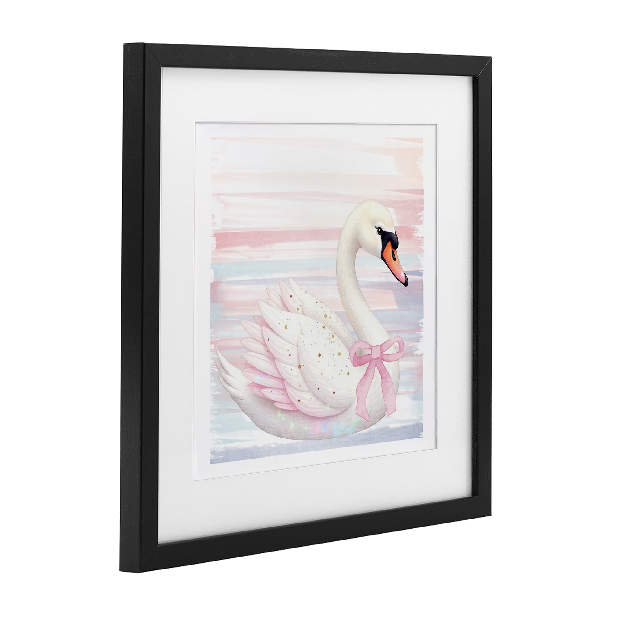 Pink Swan with Ribbon Black Framed Print Under Glass, design by Kim Allen