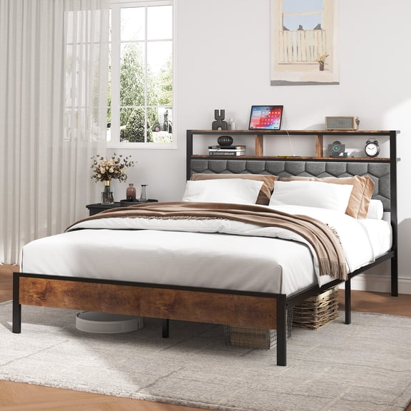 Harper & Bright Designs Queen Size Platform Bed with Upholstered Headboard, Wooden Platform Bed Frame with Storage and 2 USB, Large Under Bed Storage, Brown