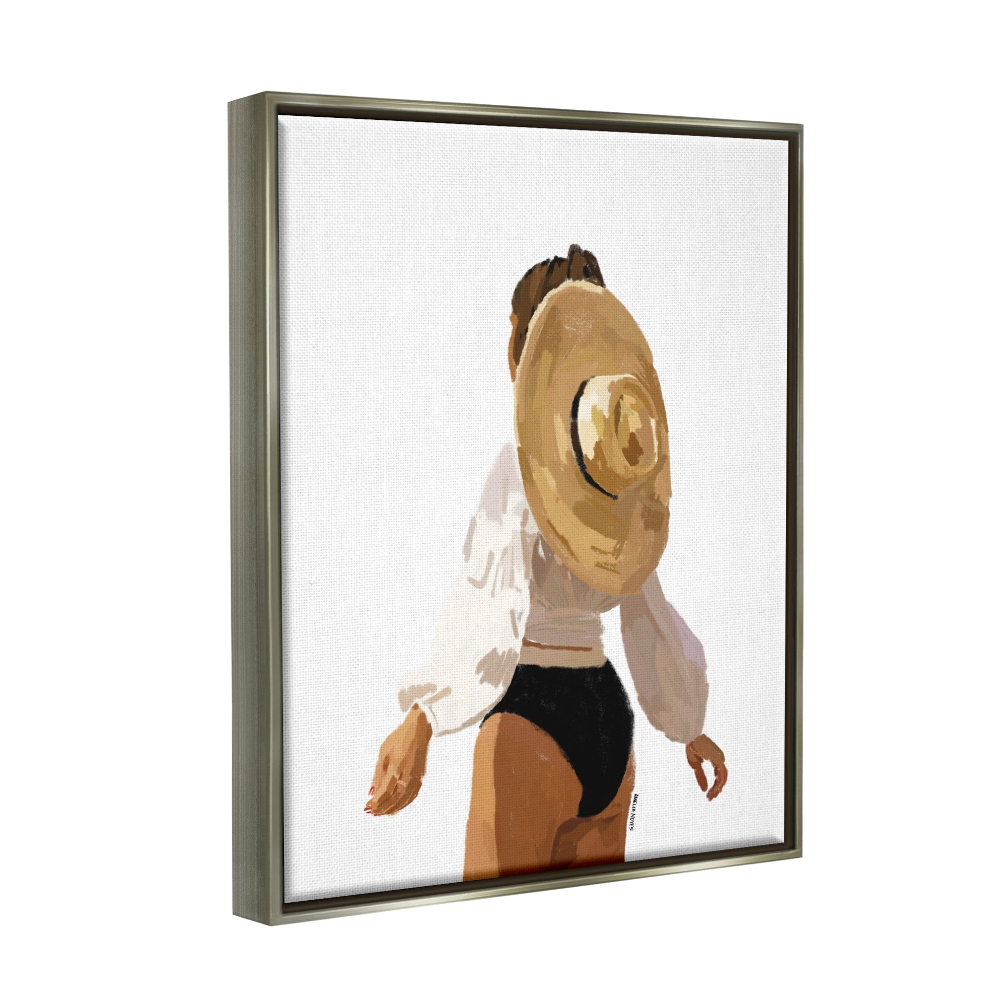 Stupell Industries Woman Draped Sun Hat Tropical Summer Vacation Graphic Art Luster Gray Floating Framed Canvas Print Wall Art, Design by Amelia Noyes