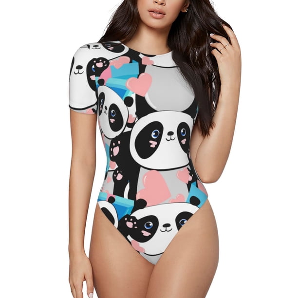 Fotbe Panda Cute Pink Hearts Body de Mujer con Cuello Redondo y Mangas Cortas, Sin Mangas Ajustado, Suave, Cómodo y Básico-Small
