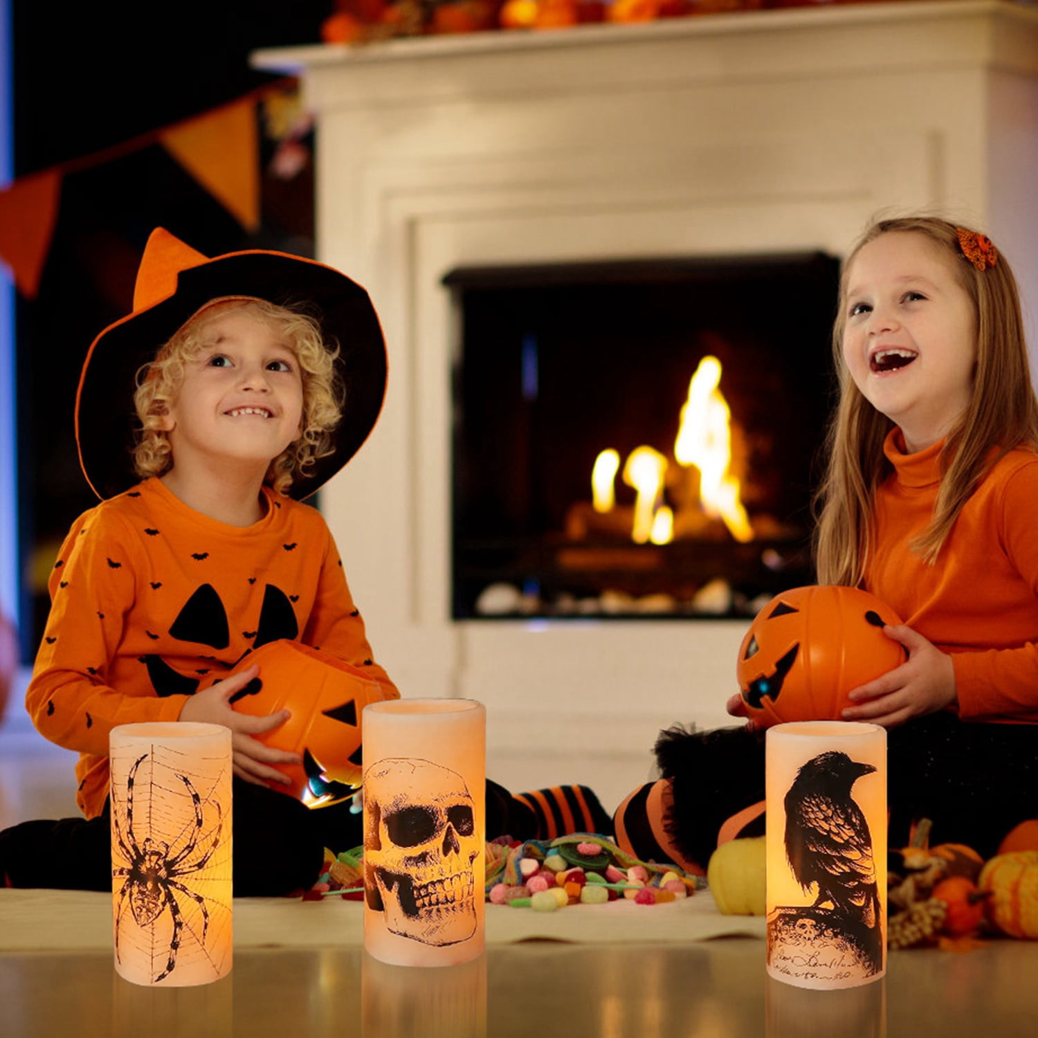 Moclever 3Pack Halloween Flameless Candles with Timer, Battery Operated LED Candle Lights, Spider Crow Skull Design for Party Decoration