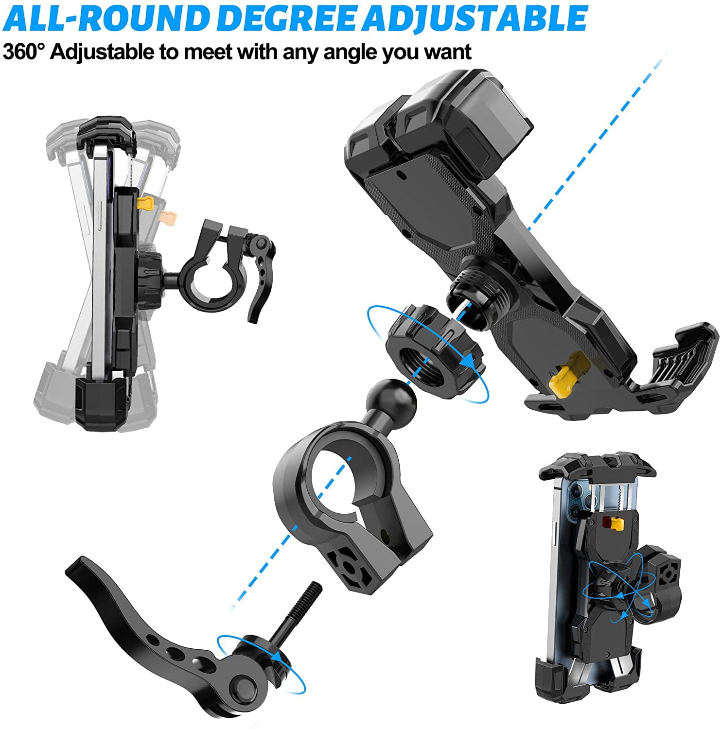 All-Round Adjustble Motorcycle Phone Mount Bike Phone Mount Bike Phone Holder for Handlebars Fits iPhone 12 Pro Max/11 Pro/XR/XS MAX,Galaxy S20/S10/Note 10 and All 4.7-6.8inches Devices 