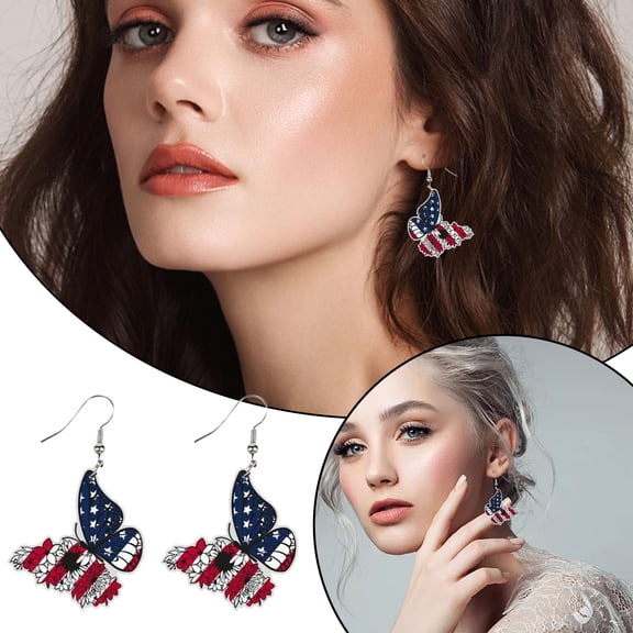 QIQUWOHUL American Independence Day Fourth Of July Ear Accessories Flag Butterfly Pendant Ornament Earrings