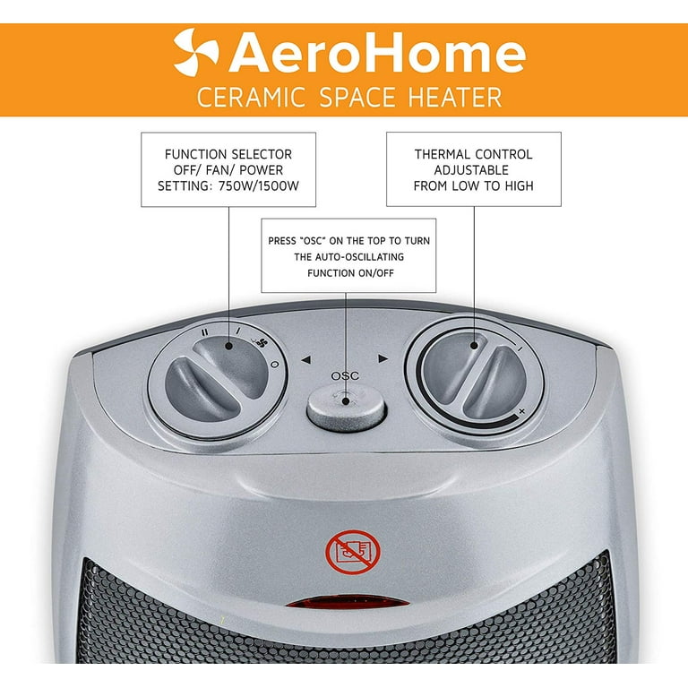 AeroHome 1500W Personal Electric Ceramic Oscillating Space Heater With  Adjustable Thermostat, Silver - Walmart.com