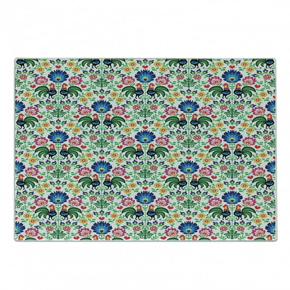 Polish Folk Art Cutting Board, Continuous Botany Inspired Floral Pattern with Flora and Roosters, Decorative Tempered Glass Cutting and Serving Board, in 3 Sizes, by Ambesonne