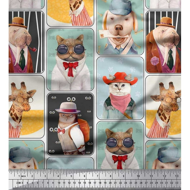 Soimoi Polyester Crepe Fabric Paw,Hat & Animals Patchwork Decor Fabric Printed Yard 42 Inch Wide