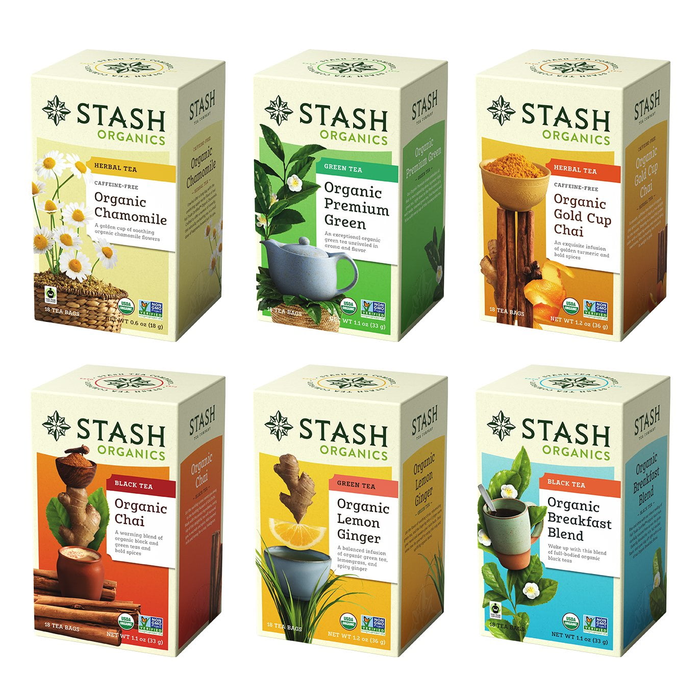 Stash Tea Organic Tea Six Flavor Assortment 18 Count Tea Bags in Foil ...