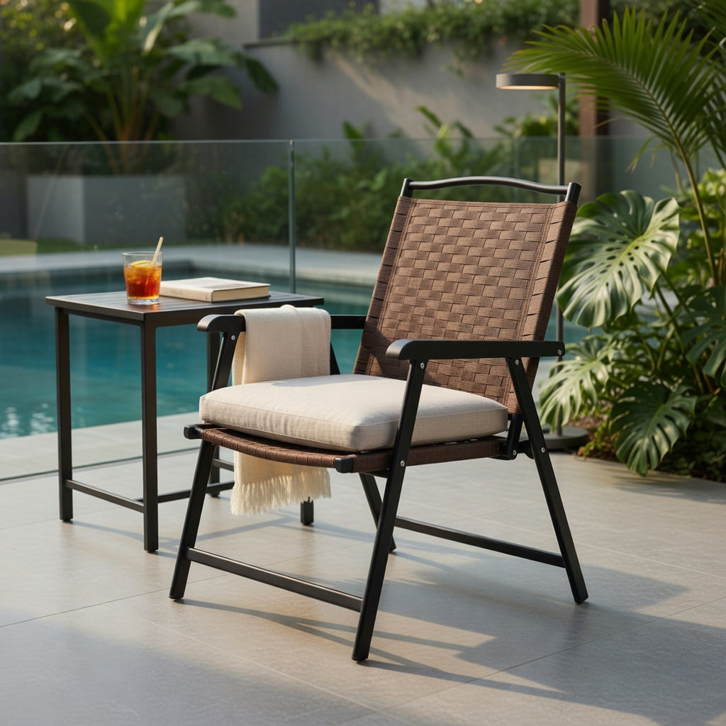 Hommoo 4-Pack Foldable Outdoor Dining Chairs with Adjustable Sling Back, Rust-Resistant Steel Frame, Breathable Fabric, for Patio, Poolside, Balcony & Indoor Use, Brown