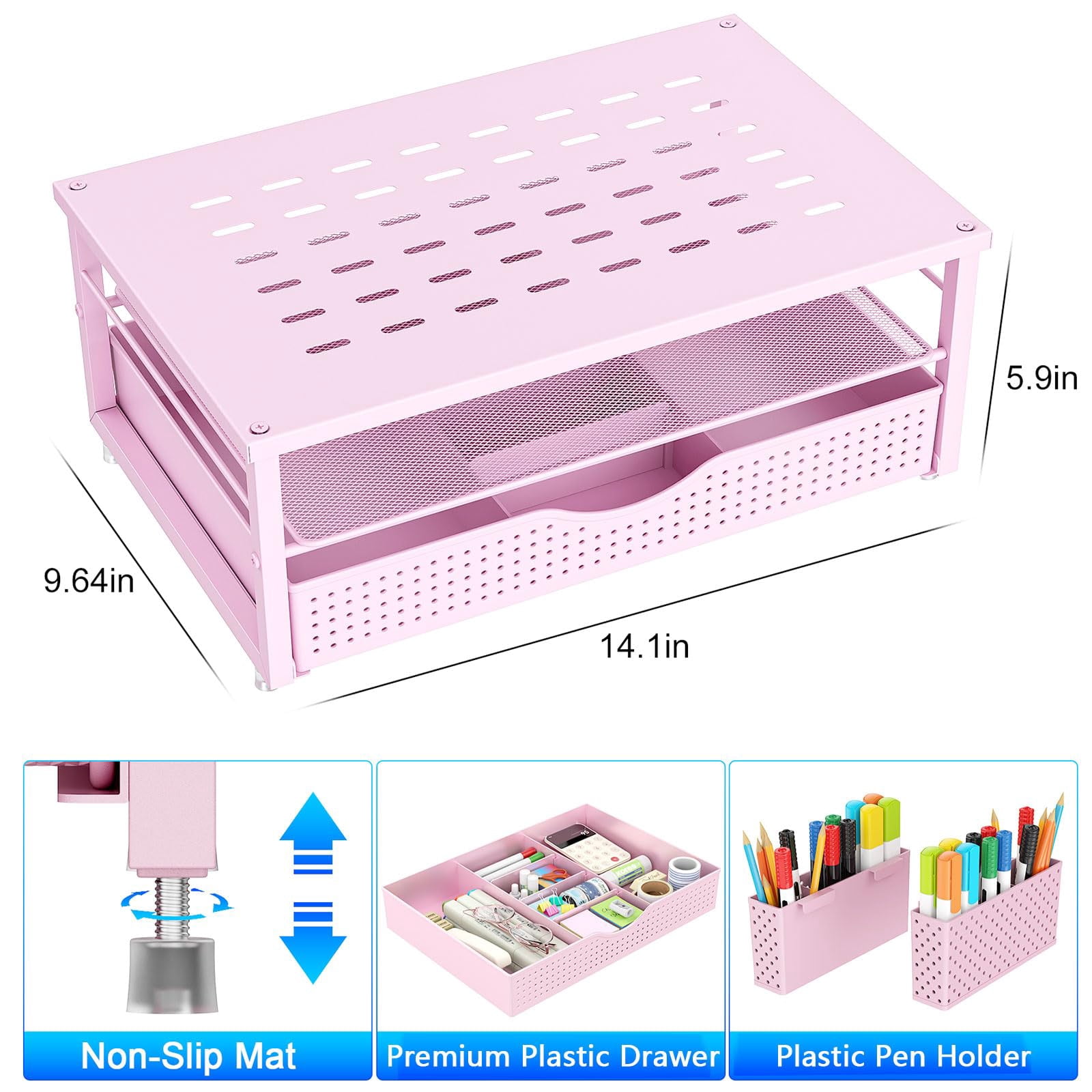 Desk Organizers And Accessories  Monitor Stand With Drawer 2 Pen Holder Desktop Organizer Suitable For Offices Dormitories (pink)