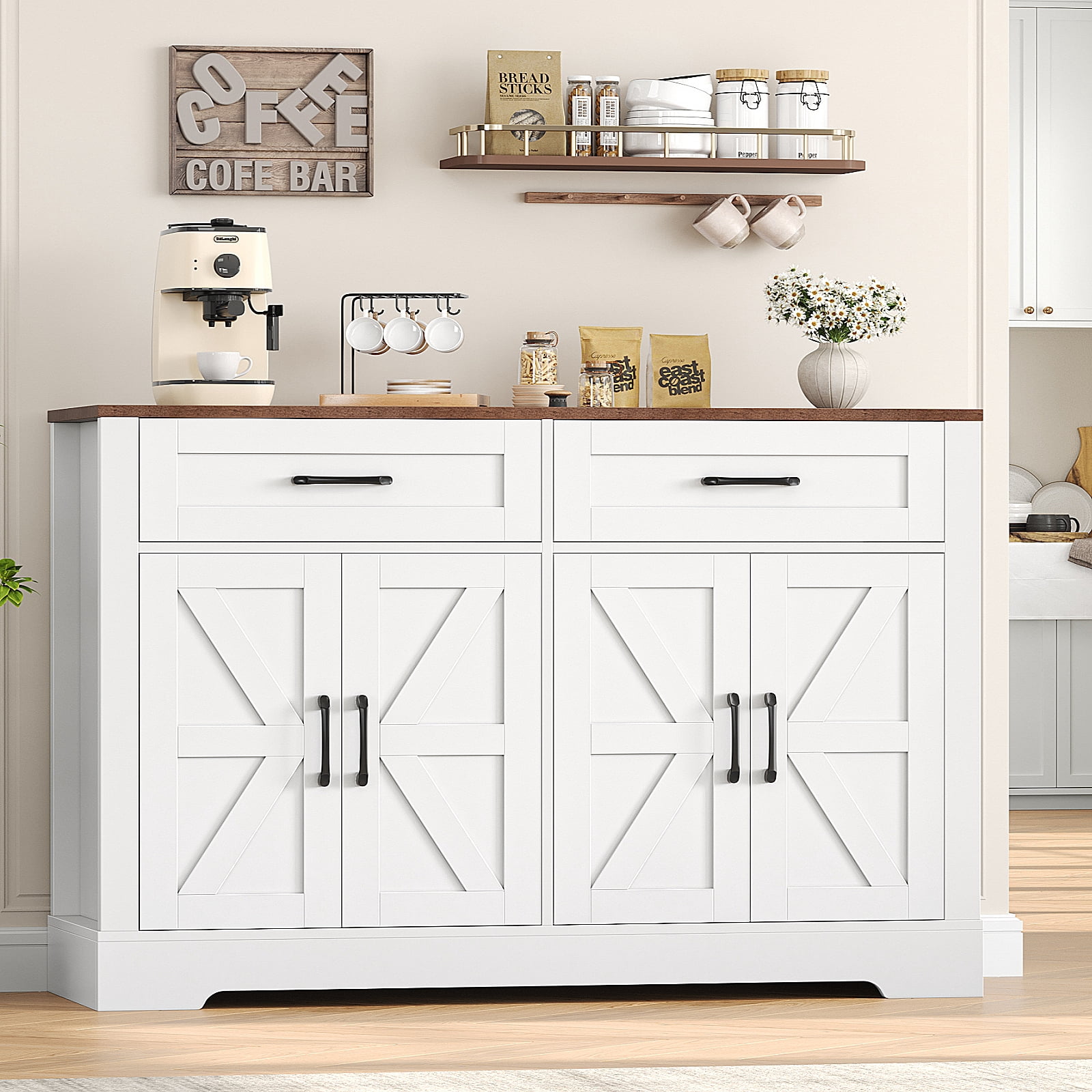 Homfa Buffet Cabinet with 2 Drawers and 4 Doors, Kitchen Sideboard Storage Cabinet, Farmhouse Coffee Bar Cabinet for Dining Room, White & Brown