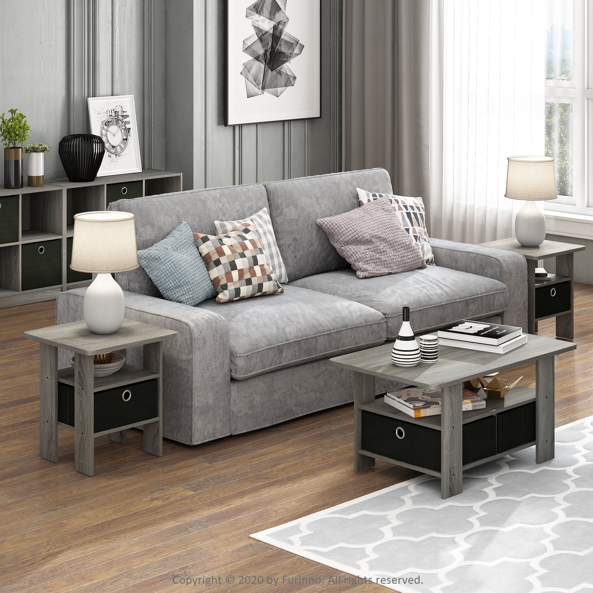 Furinno 2 Petite End Table Bedroom Night Stand - Set of Two, Gray/Black