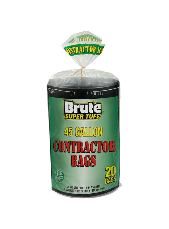 Brute Super Tuff Contractor Trash Bags, Made with 20% Post-Consumer Recycled Materials, 45 Gallon, 20 Bags