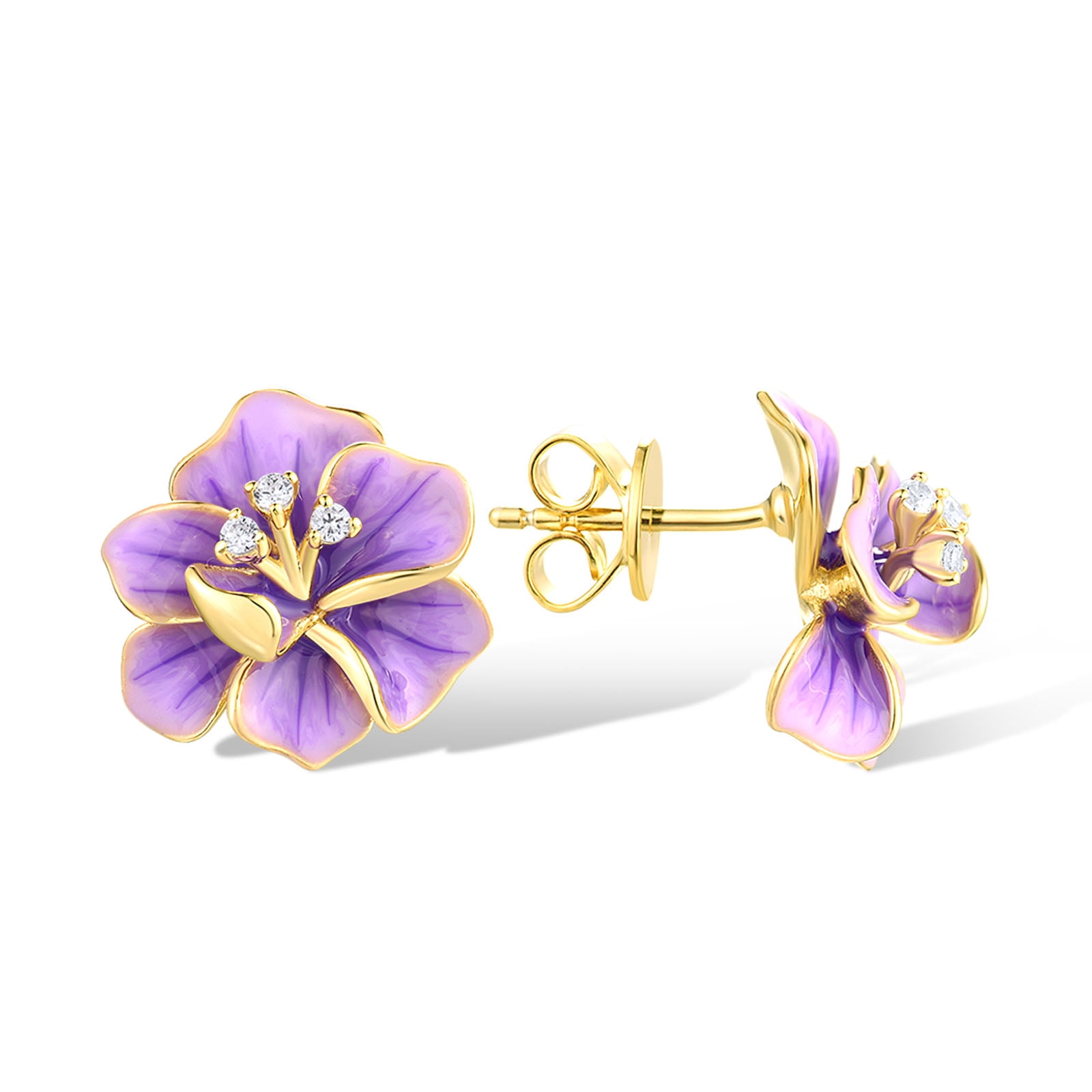 Santuzza Peony Earrings 925 Sterling Silver White Cubic Zirconia Enamel Purple Flower Stud Earrings for Women