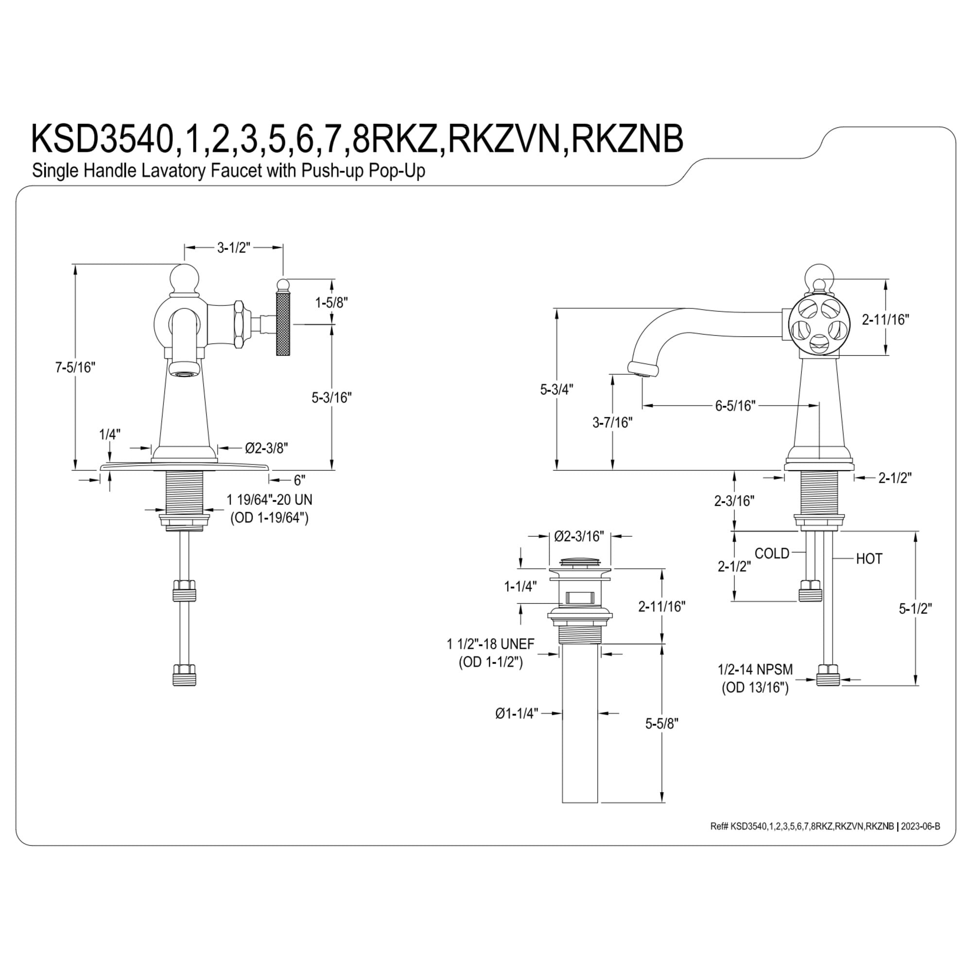 Kingston Brass KSD3547RKZ Wendell One-Handle Single-Hole Bathroom Faucet with Knurled Handle and Push Pop-Up Drain, Brushed Brass