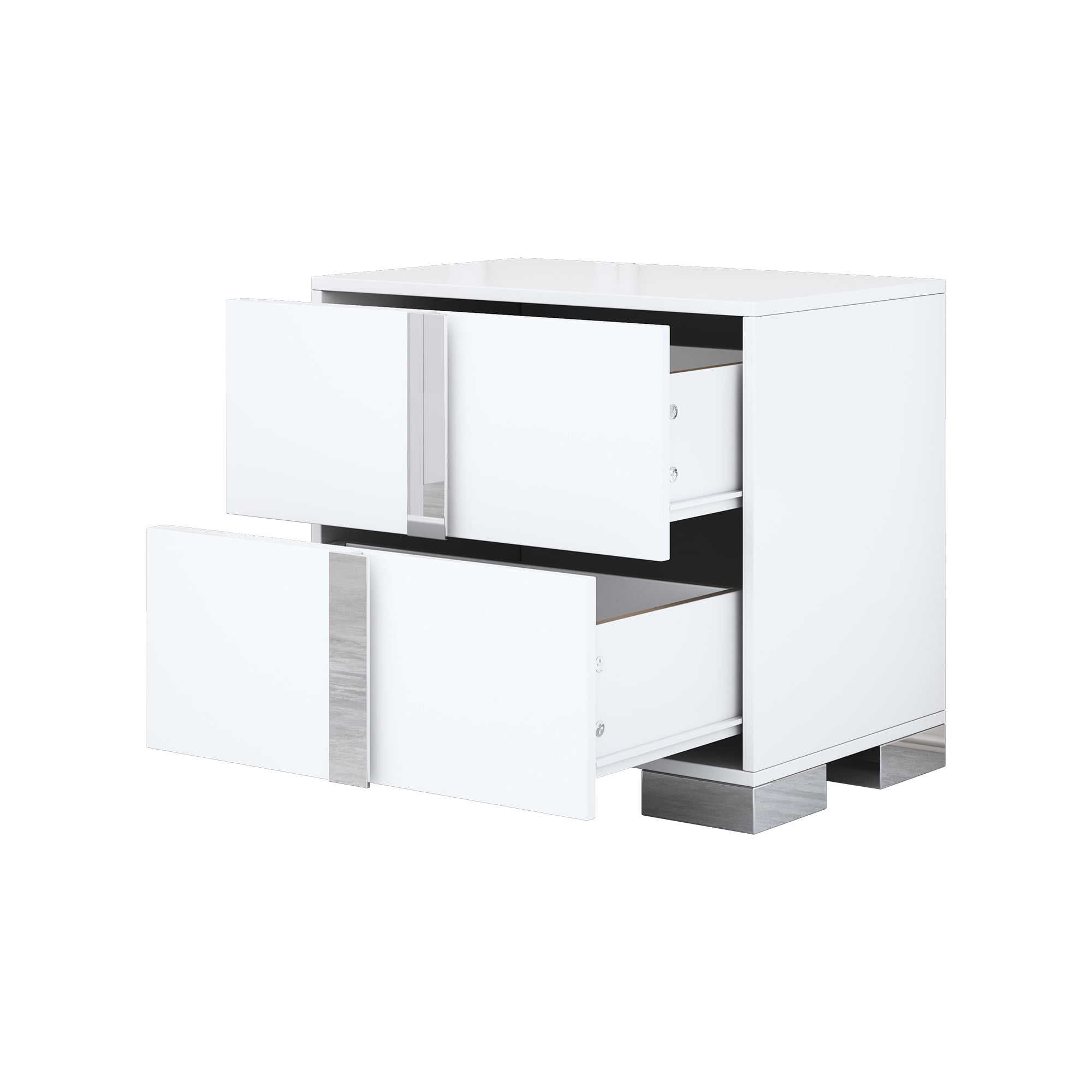 Euroco Wooden Nightstand with 2 Drawers & Metal Foot,Mirrored Bedside Table for Bedroom, Living Room,White