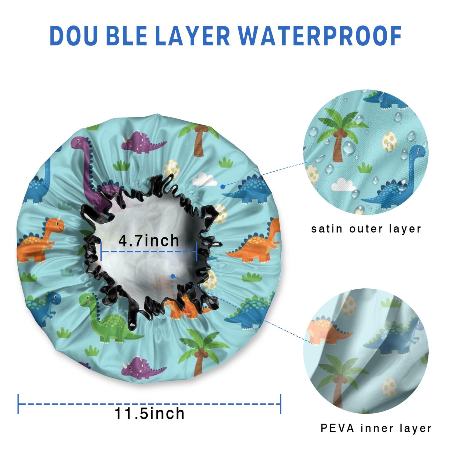 Shower Caps,Light Blue Dinosaurs Palms Eggs Pattern Waterproof Shower Cap for Women 4 Pieces,Double Reusable Hair Cover for Shower PEVA Elastic Stretch Hem