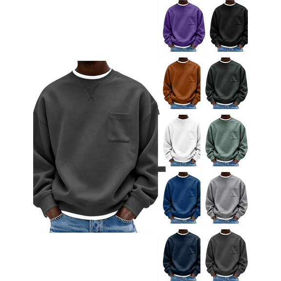 Crewneck Sweatshirt Nelozsy Men's Solid Color Crew Neck Loose Long Sleeve Comfortable Hoodies Sweatshirts Tops Dark Gray L