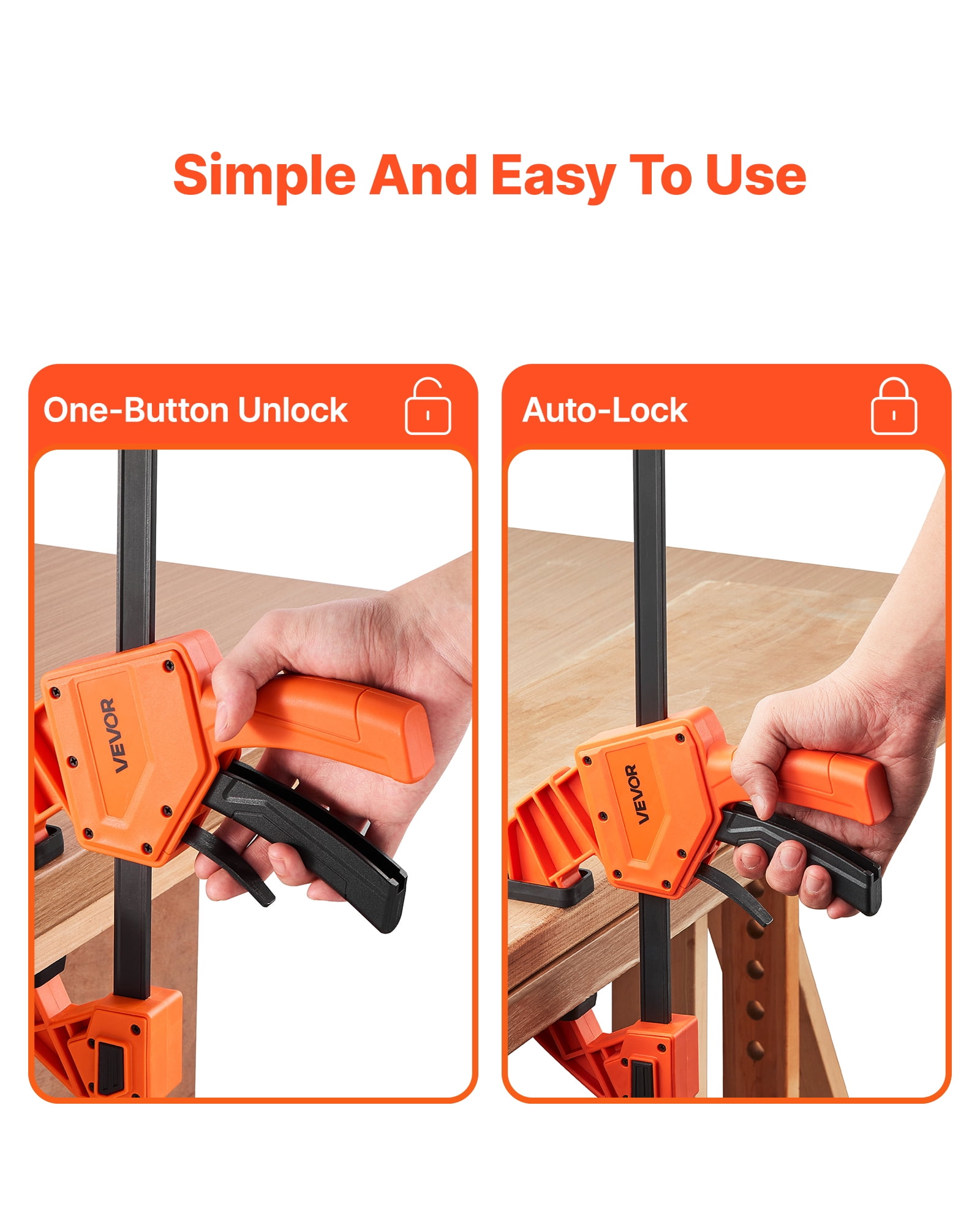 VEVOR Bar Clamps for Woodworking, 2-Pack 12 inch One-Handed Clamp/Spreader, Quick-Grip F-Clamp with 340 lbs Load Limit,Premium Plastic and Carbon Steel, for Woodworking Metal working,Orange + Black
