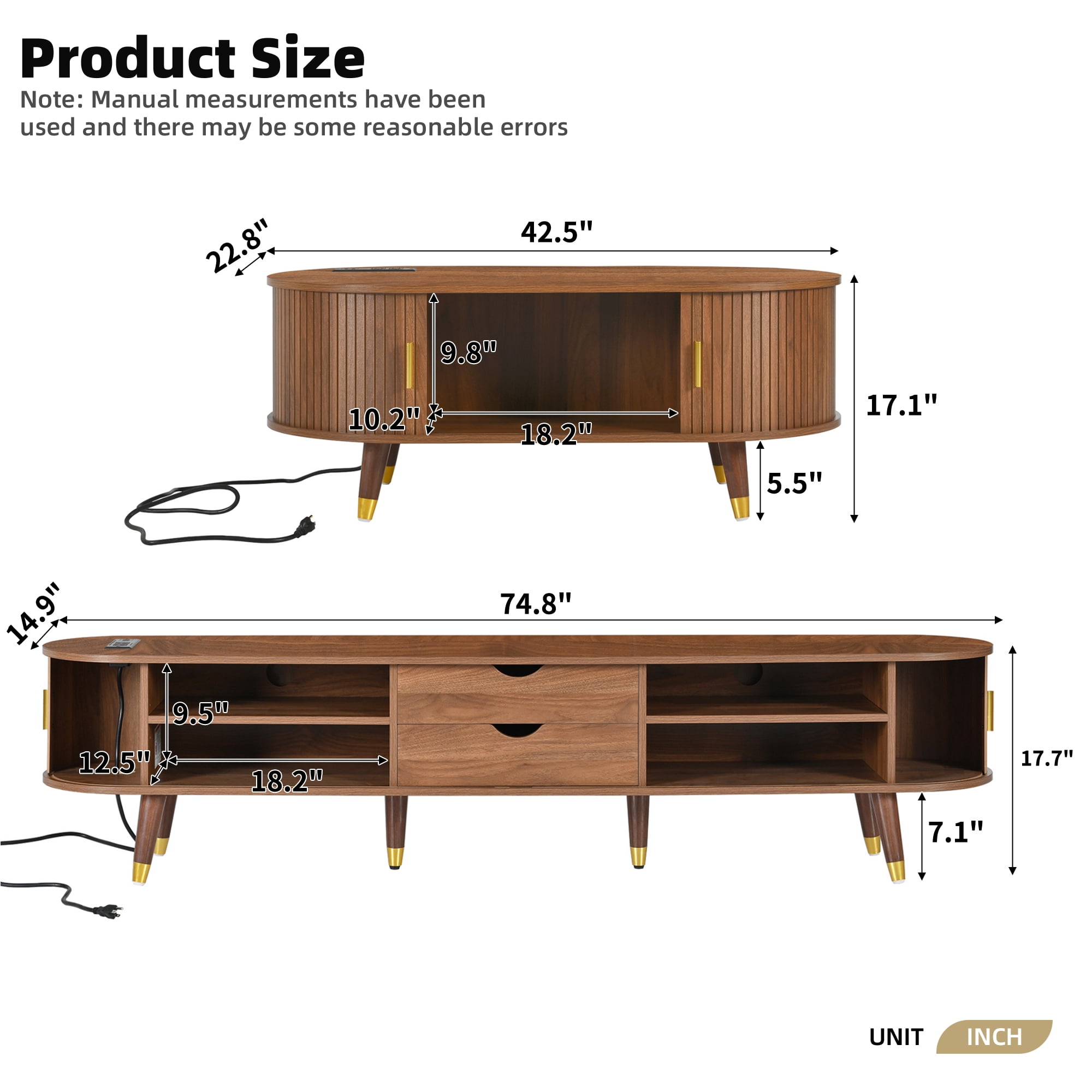 Euroco Mid-Century Modern Living Room Set with Coffee Table & TV Stand for TVs up to 80", Fluted Tambour Sliding Doors, Charging Stations with USB & AC Outlets, Solid Wood Legs，Walnut