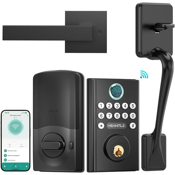 HEANTLE WiFi Front Door Lock with Handle, Keyless Smart Lock Set Entry Door Locks Keypad Fingerprint Deadbolt Handleset Alexa Compatible Auto Lock App Remote Control