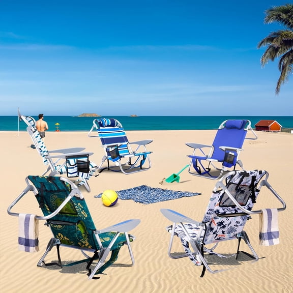 Portable Beach Chair for Adults, Outdoor Camping Chair Lay Flat Folding Backpack Beach Reclining Chair with 5 Positions, Headrest, Zipper Pouch, Cup Holder, Blue