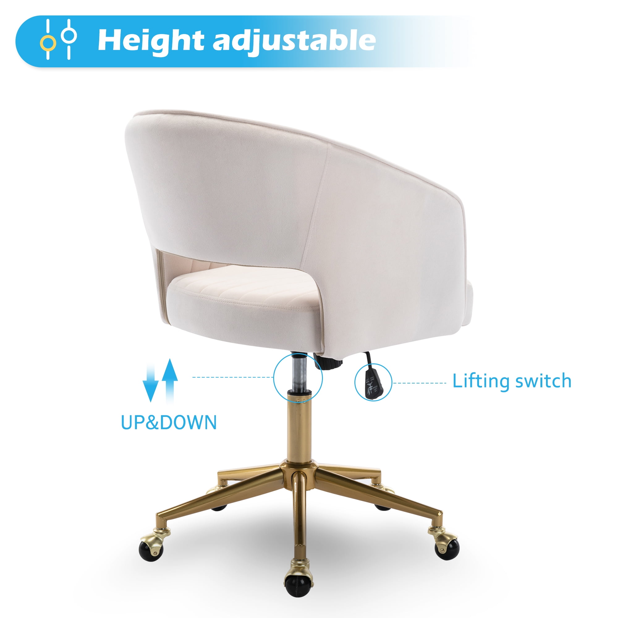 KCC Velvet Office Chair for Women, Swivel Vanity Desk Chair with Gold Base and Wheels, Adjustable Upholstered Chair for Bedroom, Makeup Room and Home Office(Cream)