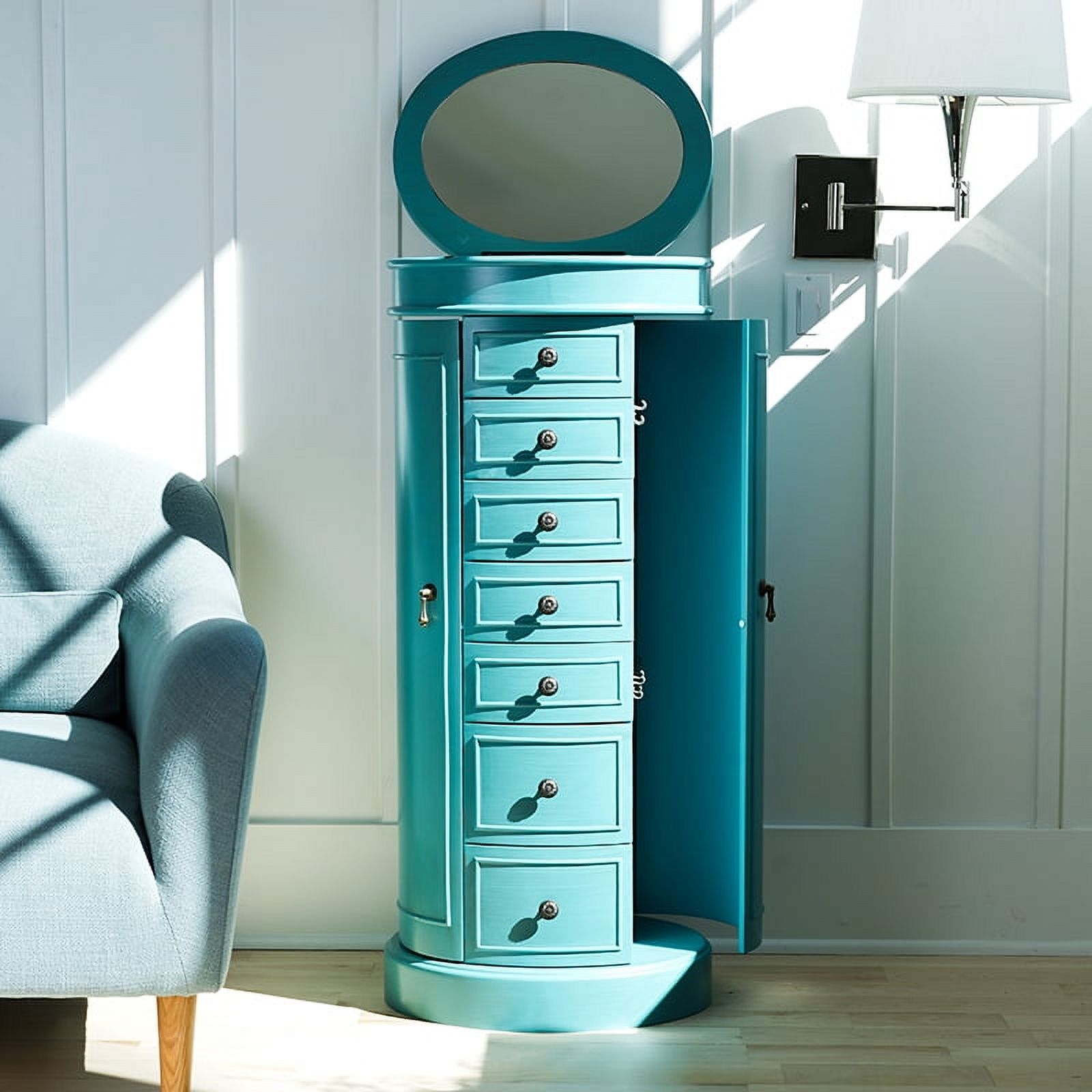 Hives & Honey Bailey Women's Adult Round Free Standing Jewelry Armoire, Vintage Style, Antique Turquoise