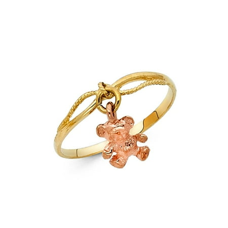 - 14k Two Tone Solid Italian Gold 3mm Fancy Dainty Dangle Bear Ring Band Size 5.5 Available All Sizes