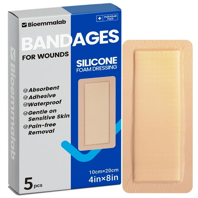 Bandages Bioemmalab, espuma de silicona impermeable, grande, 4 x 8 pulgadas, paquete de 5