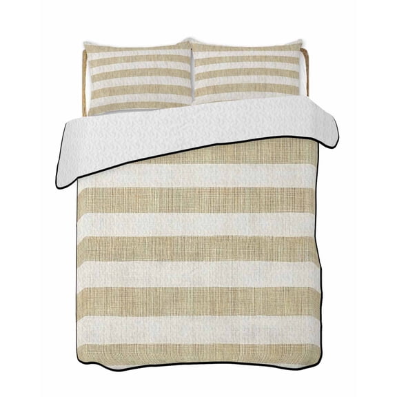Quilts Full Size Bedding Set, Cream Striped Lightweight Quilted Comforter, Farmhouse Vintage Brown Stripes Soft Reversible Bedspread Coverlet with Pillow Covers for All Season, 78" x 90"