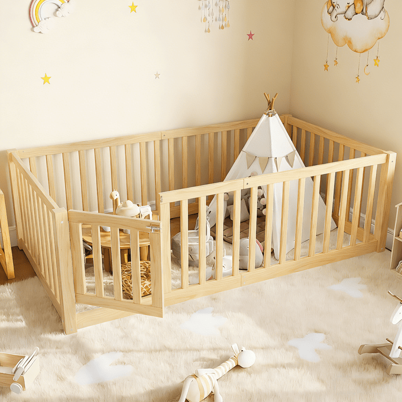 Bellemave Twin Montessori Bed Frame, Wood Twin Size Floor Bed with High Fence Rails, Twin Beds Frame for Bedroom Playroom (Natural)