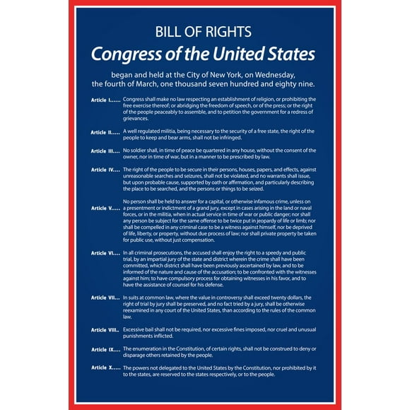 Bill Of Rights Of The United States Of America Historical Document Readable Blue Color Historical American Patriotic Cool Wall Art Print Poster 12x18