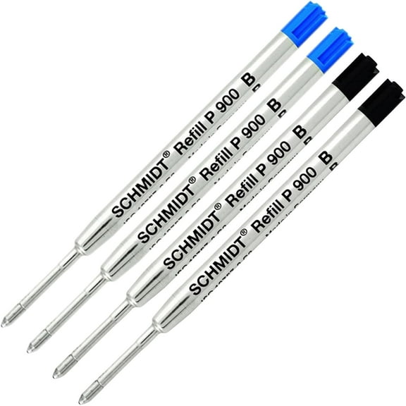 Schmidt P900 Black, Blue, Parker Style Ballpoint Refill, Broad Tip 1.00mm - Pack of 4