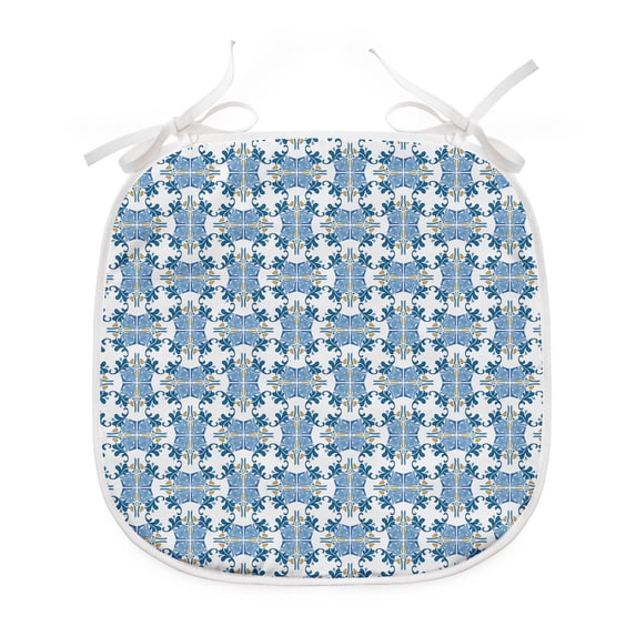 European Dining Chair Pad, Roman Tile and Mosaic Design with Famous Eastern Inspired Image Print, Water Resistant Pillow with Straps for Kitchen Seats, 2 Pieces Set, Blue Yellow, by Ambesonne