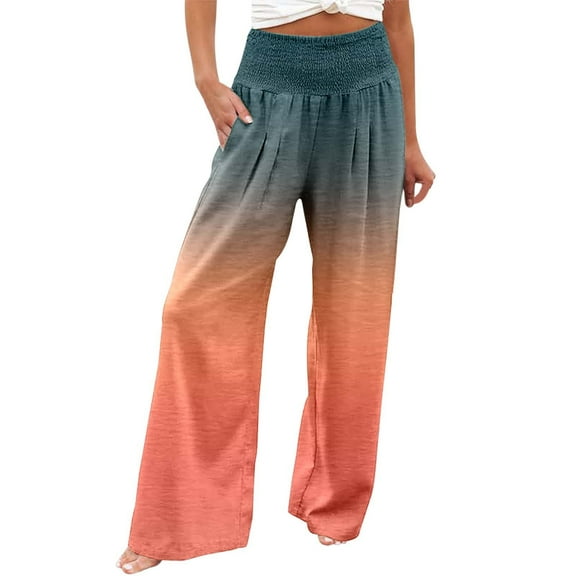 Fiaer,Oversized Loose Fit Palazzo Pants for Women,Ladies High Waist Stretch Trousers,Womens Color Blocking Trendy Comfy Slacks with 2 Pockets Orange XL