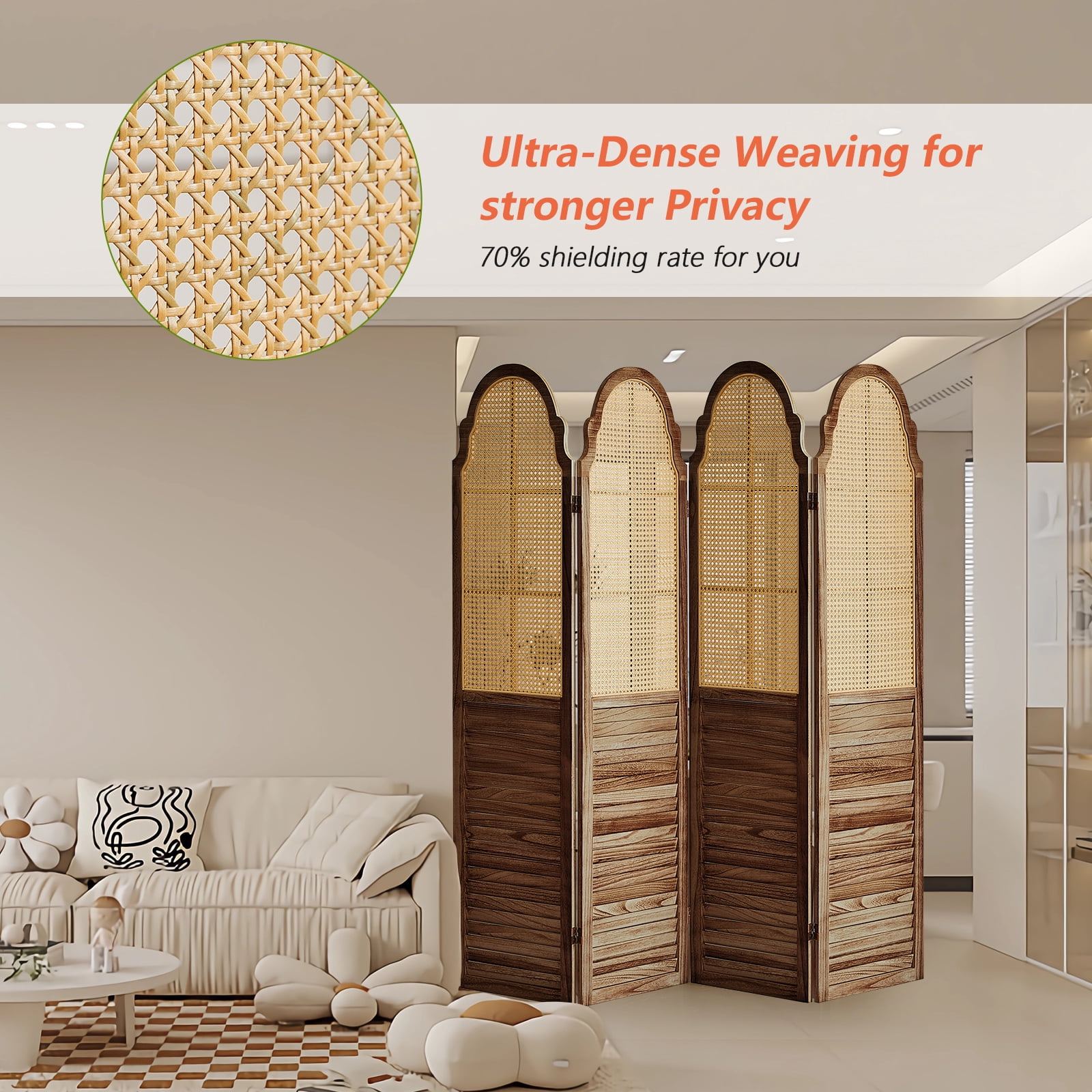 Aletheiawu 4 Panel Rattan Room Divider, Foldable Privacy Screen, No Installation Require, Dark Brown