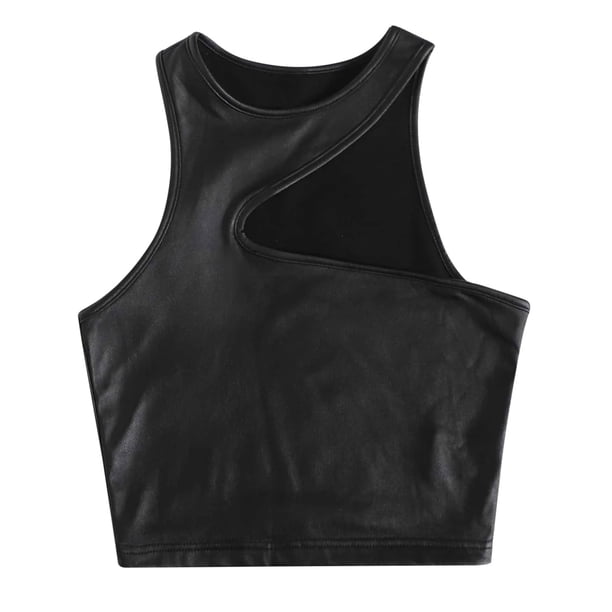 Mujeres Racerback Camisetas sin mangas Camisetas sin mangas de cuero con tiras para mujer, chaleco Sexy de charol para mujer, camiseta Sexy ajustada de Color sólido, Top informal (Black, S)