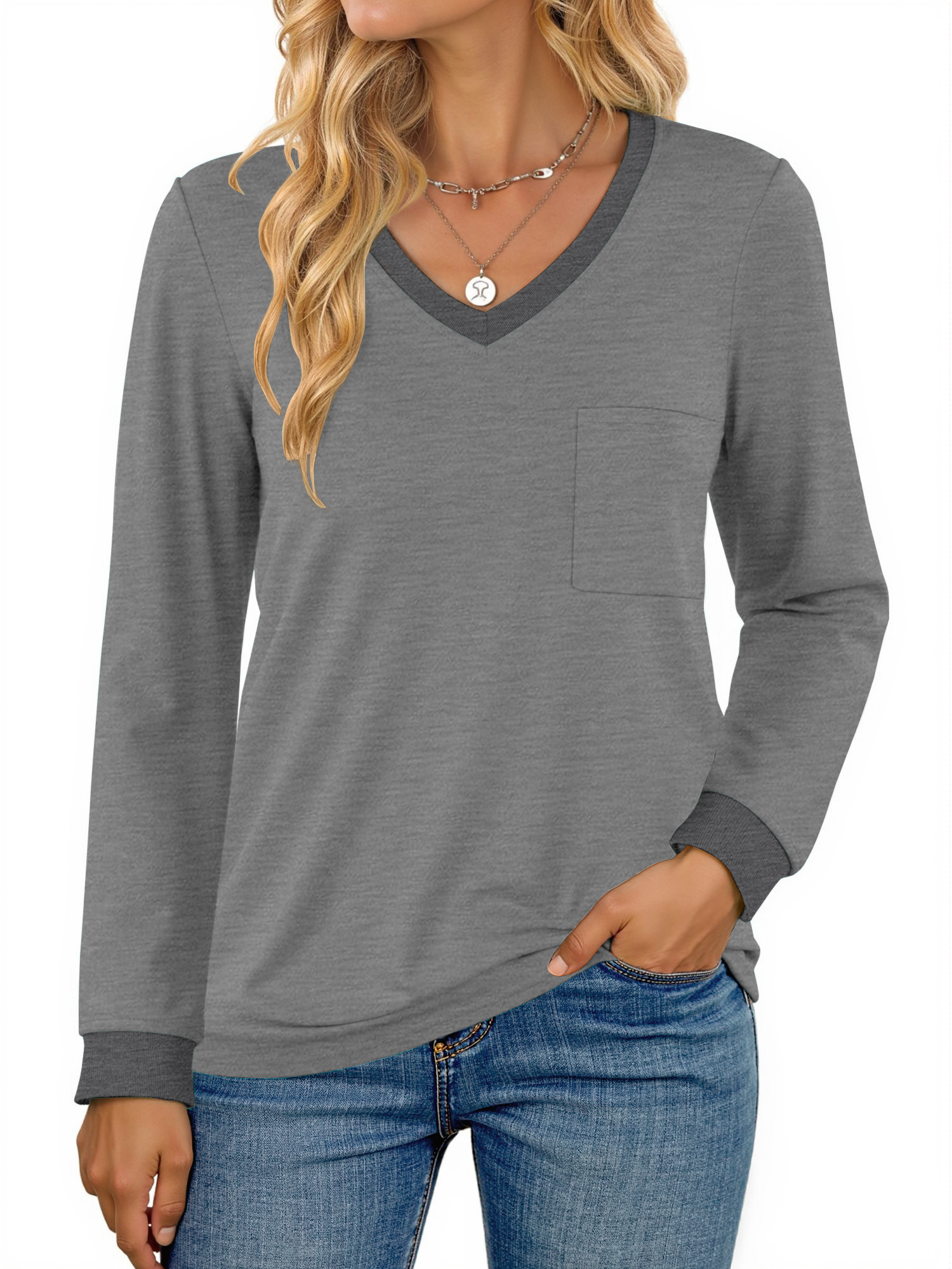 MOSHU Color Block T Shirts for Women V Neck Long Sleeve Womens Shirts Loose Fall Tops with Pocket