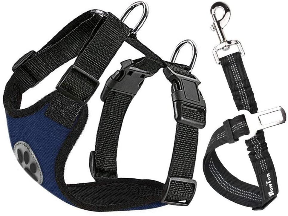 Multifunction Adjustable Vest Harness Double Breathable Mesh Fabric with Car Vehicle Safety Seat Belt SlowTon Dog Car Harness Plus Connector Strap 