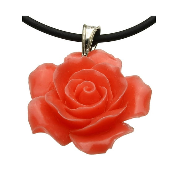 Pink Resin Rose Flower Pendant Rubber Cord Necklace, 18"