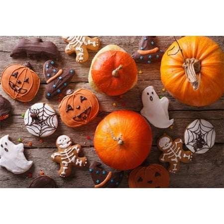 Funny Backgrounds GreenDecor Polyster 7x5ft Halloween Gingerbread Backdrop Funny Biscuits Photography Background Fresh Pumpkin Kid Child Boy Girl Artistic Portrait Party Decor Photo Shoot Studio Props Video Drop Drape ()