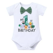 IBTOM CASTLE Baby Boy 1st Birthday Outfit Jungle Woodland Animal Romper + Bloomers + Suspenders 3PCS Clothes Set Photography 12-18 Months Teal Blue