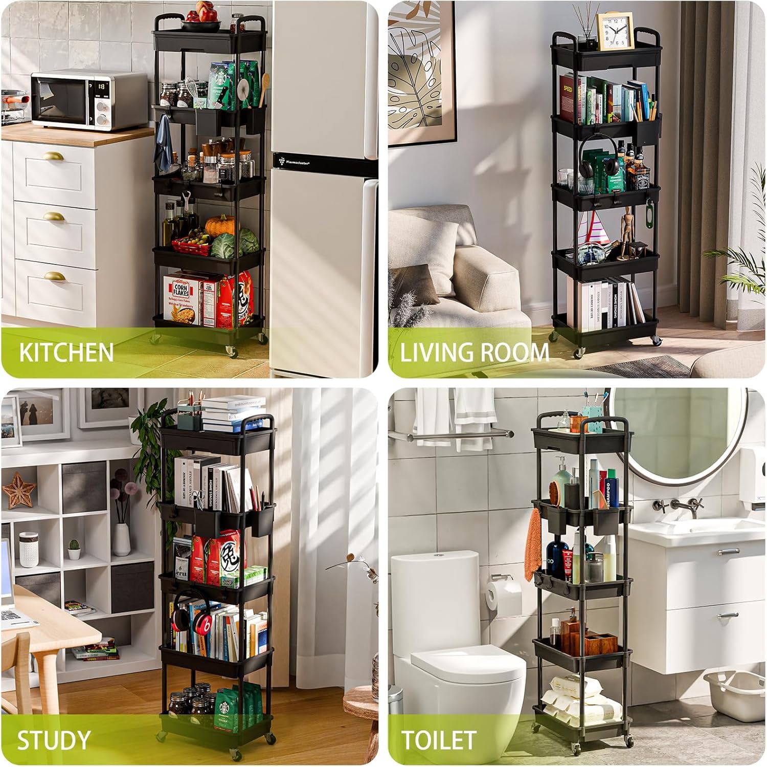 5 Tier Rolling Utility Cart, Mobile Storage Shelves with Wheels for Bathroom Laundry Office Home, Black