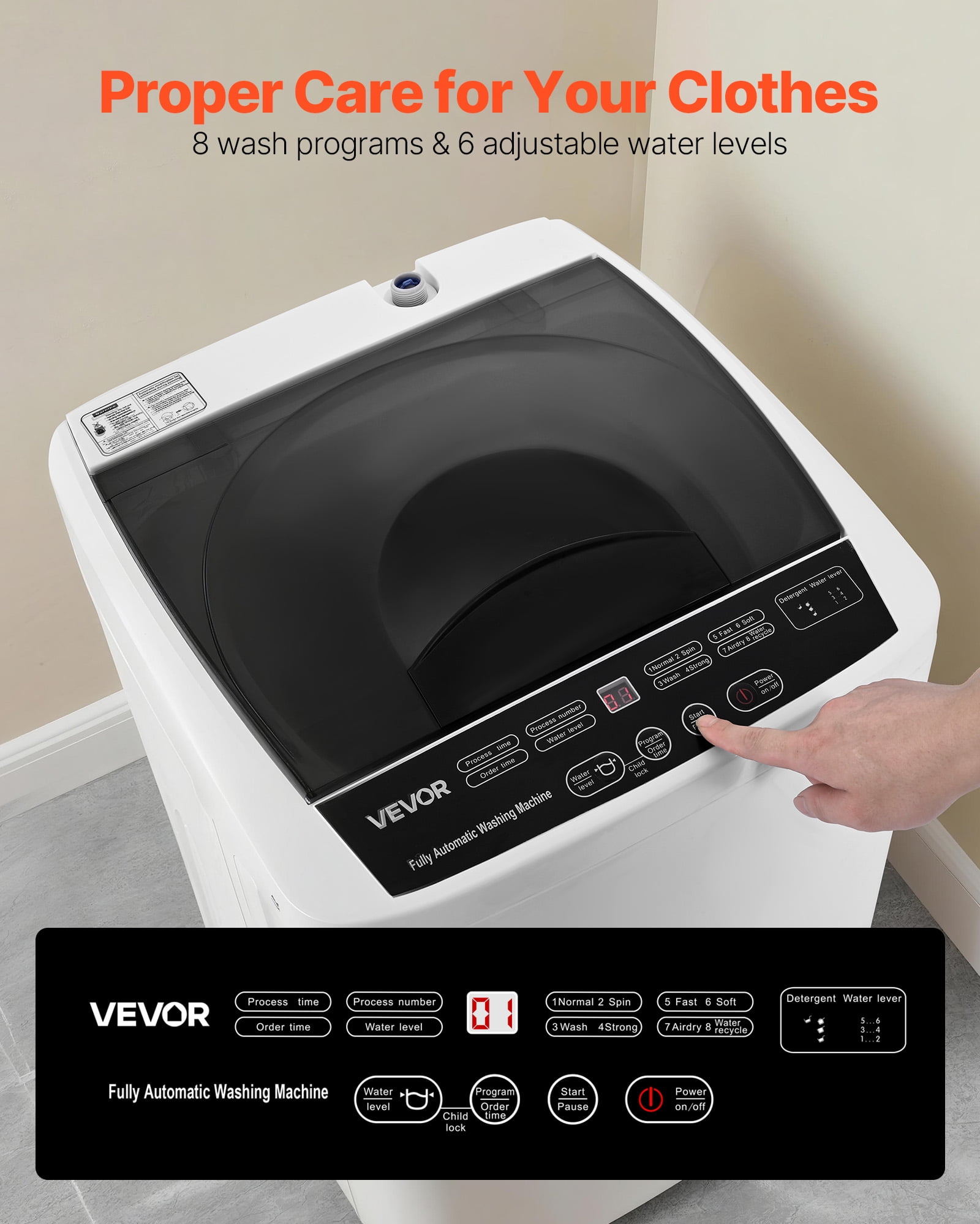 VEVOR Portable Washing Machine, Portable Washing 1.3 Cu.ft with LED Display, Stainless Steel Drum, 8 Wash Programs & 6 Adjustable Water Levels, Portable Washer for Apartments, RVs , and Dorms