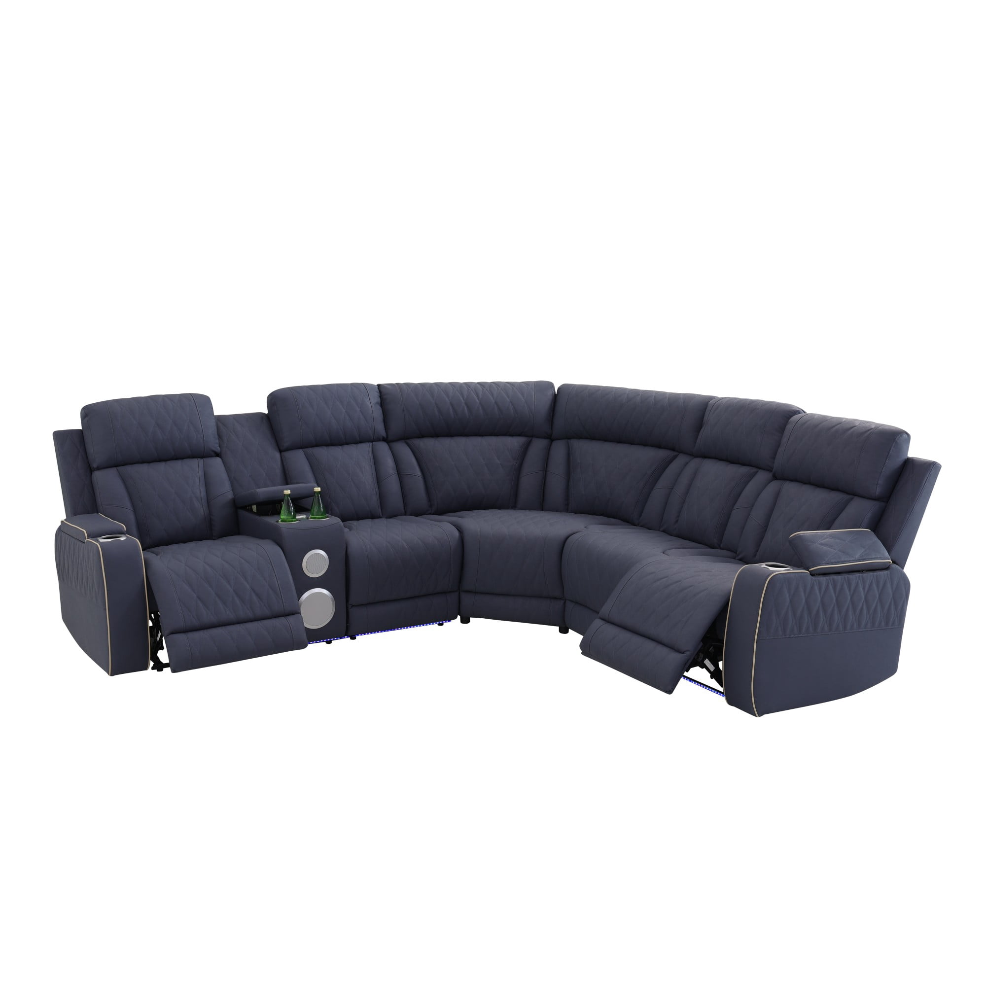 Gewnee Power Reclining Sectional Sofa, Air Leather, 110‑115° Adjustable Recline, USB & Type‑C Charging, Bluetooth Speaker, Cup Holders, Comfort Couch for Living Room Home Theater, Bluish Gray