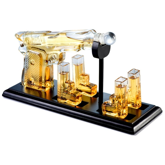 Whiskey Decanter & Glasses Set - Whiskey Gun Decanter with 4 Gun Shot Glasses on on Mahogany Tray - Old Fashioned Bourbon Liquor Drinks Rocks Glasses Set , Whiskey Gift Box for Father Husband - Bezrat