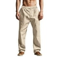 thumbnail image 4 of Horkkom Linen Pants Men Summer Elastic Waist Drawstring Solid Color Beach Pants with Pockets Casual Loose Yoga Pants Brown L, 4 of 9