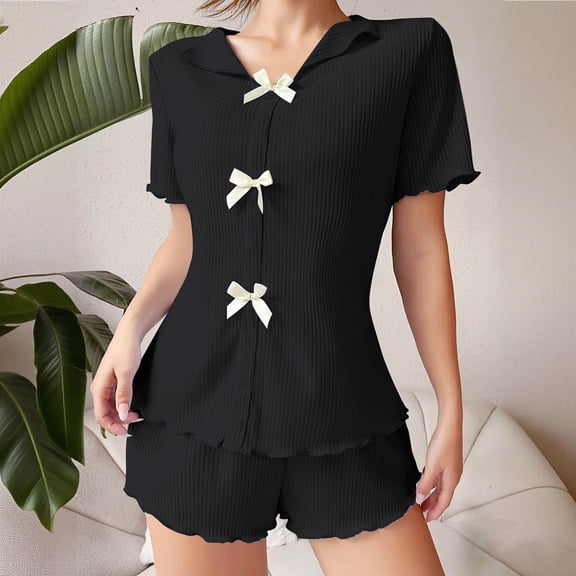 SOOMLON Button up Pajamas Women Short Summer Nightwear Notch Collar Short Sleeve Blouses Bow Solid Two Piece Sleepwear