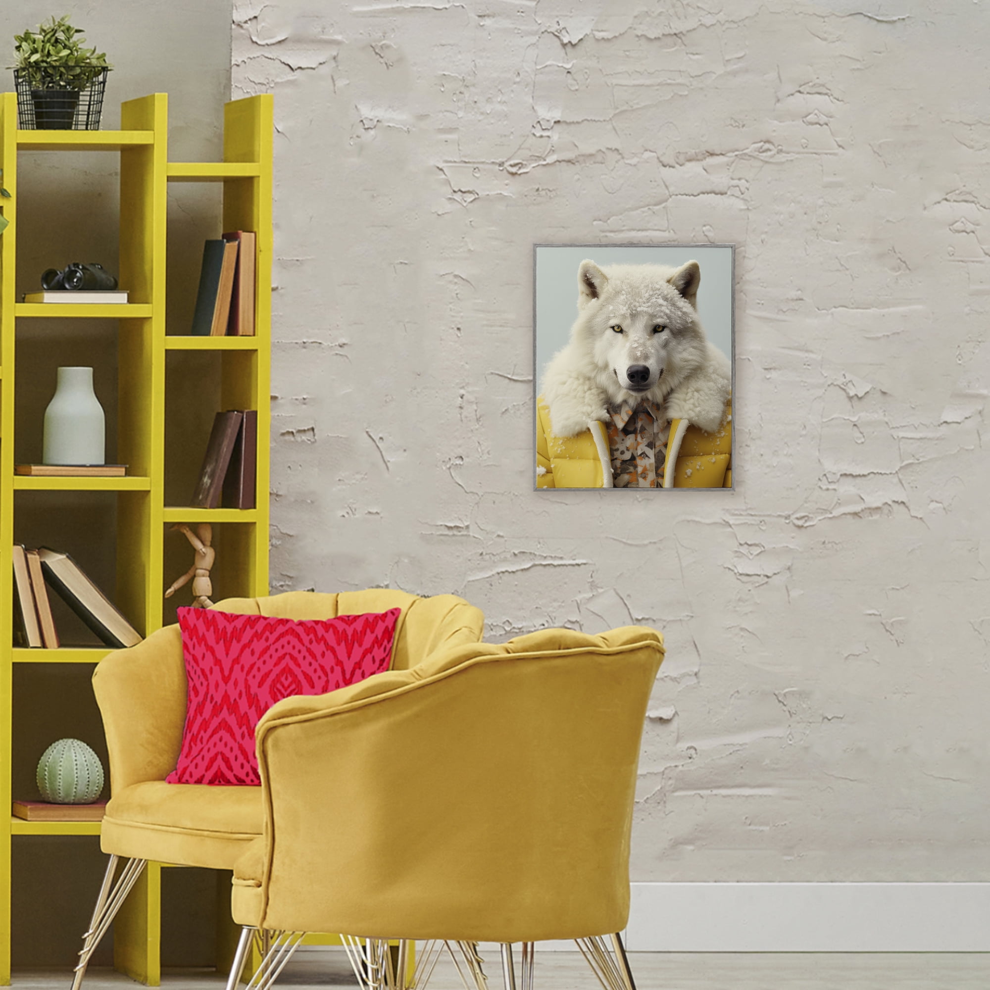 Stupell Industries Snow Wolf Yellow Jacket Gray Framed Giclee Art, design by Ray Powers