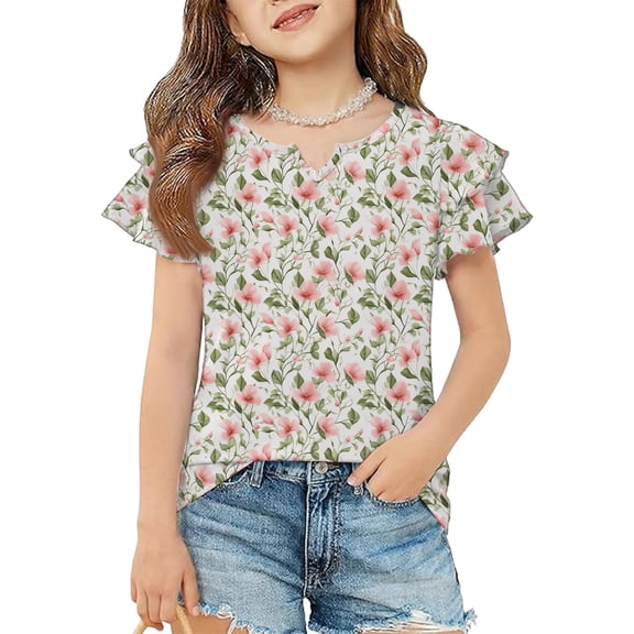 Abcomgle Girls Tops Size 10-12 Crewneck Double Layer Ruffle Short Sleeve Vintage Floral Print Toddler Girls T-Shirts Summer Casual Cotton Girls Blouse Cute Tshirt